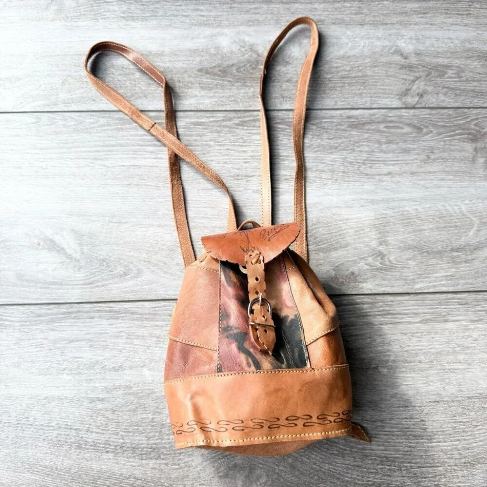 Cognac Tooled Brown Leather Backpack Brown Leather
